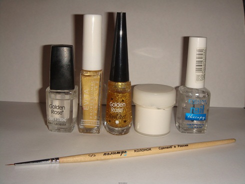 Необходимые инструменты для дизайна ногтей акриловыми красками "Белое золото".