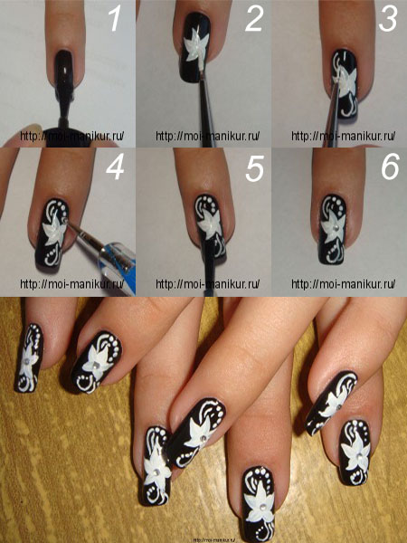 Белые цветы акриловыми красками на черном фоне - дизайн ногтей